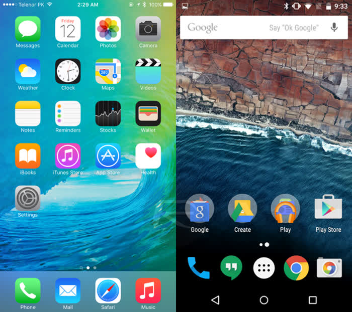 Schermata Home di un iPhone a confronto con la stessa schermata di un cellulare Android