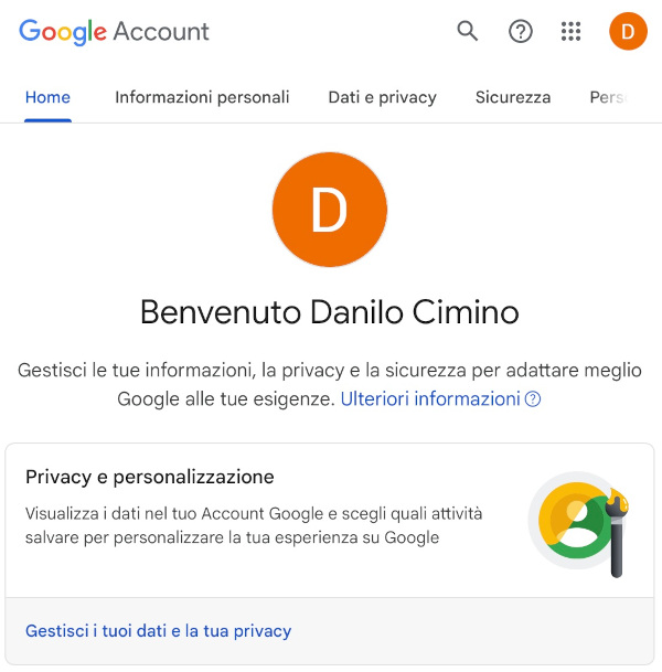 Creare Account Google senza Gmail - Schermata riassuntiva di un account Google