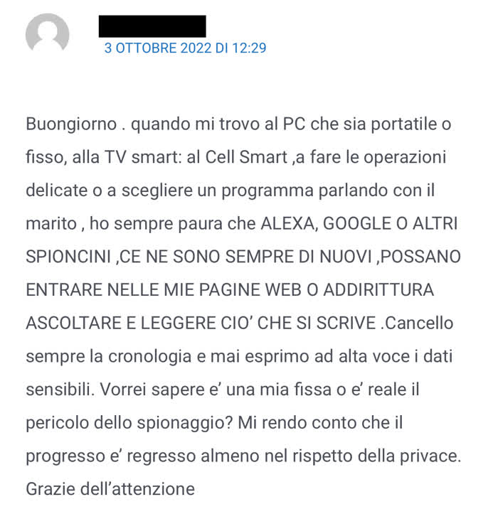 Commento in cui mi si chiede se Alexa ci spia