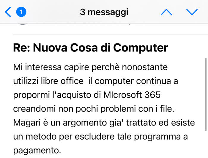 Alternative ad Office - Messaggio in cui mi si chiede perché avendo LibreOffice venga ancora richiesto l'abbonamento ad Office 365