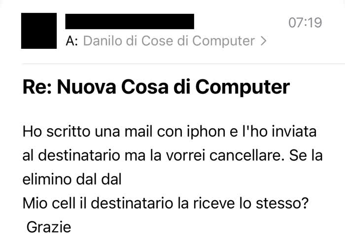 Richesta di cosa di computer in cui mi si chiede come annullare una mail inviata