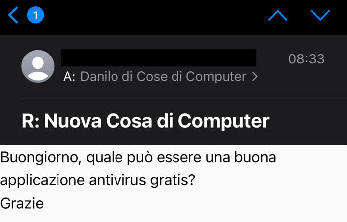 Mail in cui mi si chiede quale sia il miglior antivirus gratis per Windows