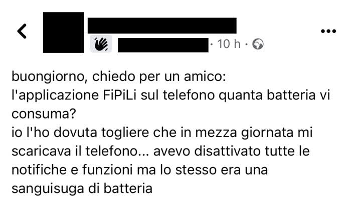 App FI PI LI - Commento in cui un utente del gruppo Facebook "i dannati della FI PI LI" si lamenta dell'eccessivo consumo di batteria