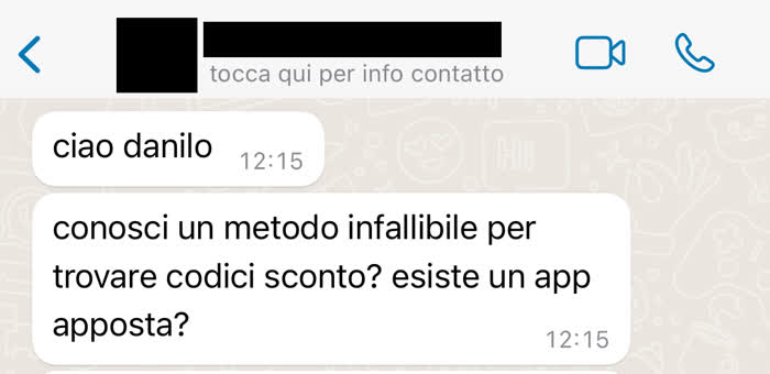 Messaggio in cui mi chiedono se esistano app per codici sconto