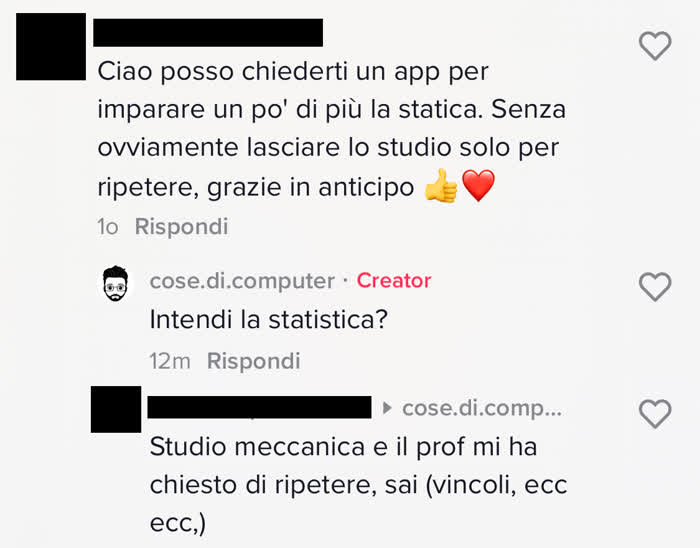 Commento in cui mi si chiede di suggerire un'app per la statica