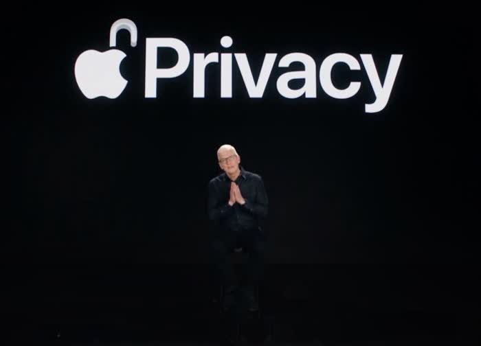 Apple ti spia? Tim Cook sovrastato dalla parola "Privacy"