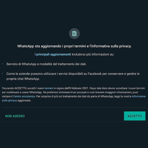 Immagine cambio termini di privacy Whatsapp