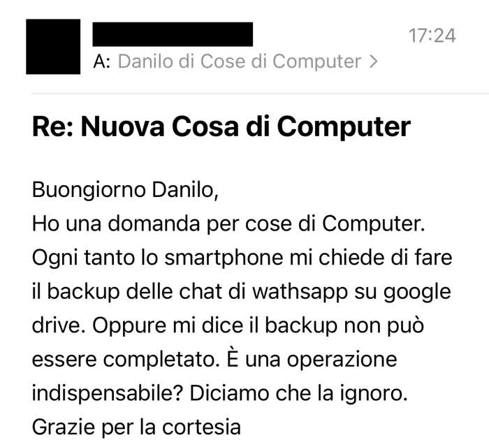 Richiesta di cosa di computer in cui mi si chiede se il backup WhatsApp va fatto