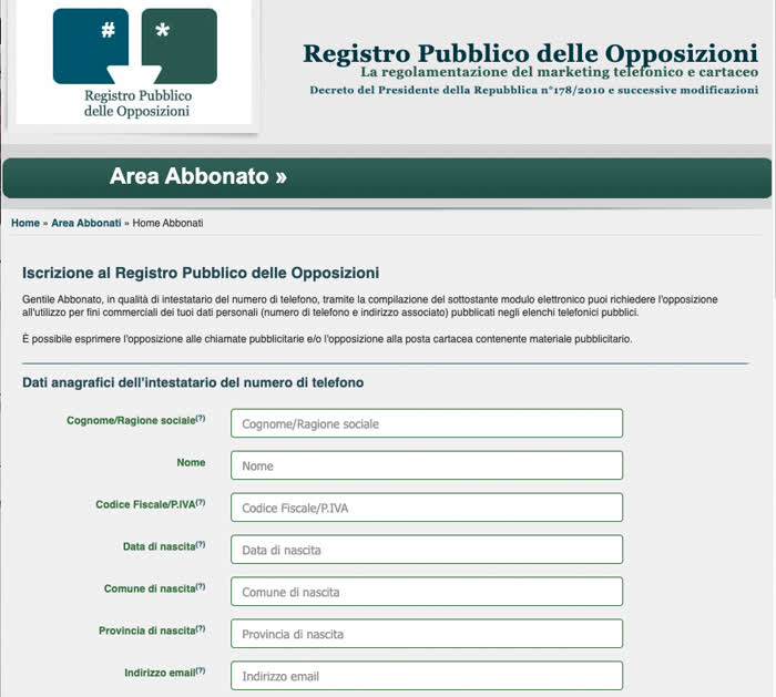 Bloccare call center - Pagina web del registro delle opposizioni