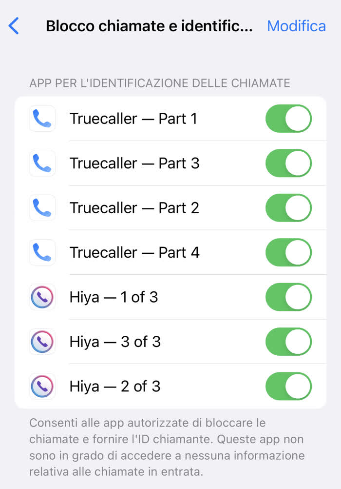 Bloccare i call center - Schermata delle impostazioni di un iPhone dal quale è possibile consentire a Truecaller ed Hiya di bloccare i call center