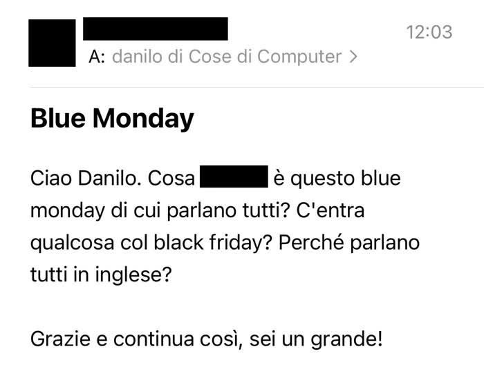 Mail in cui mi si chiede cos'è il Blue Monday