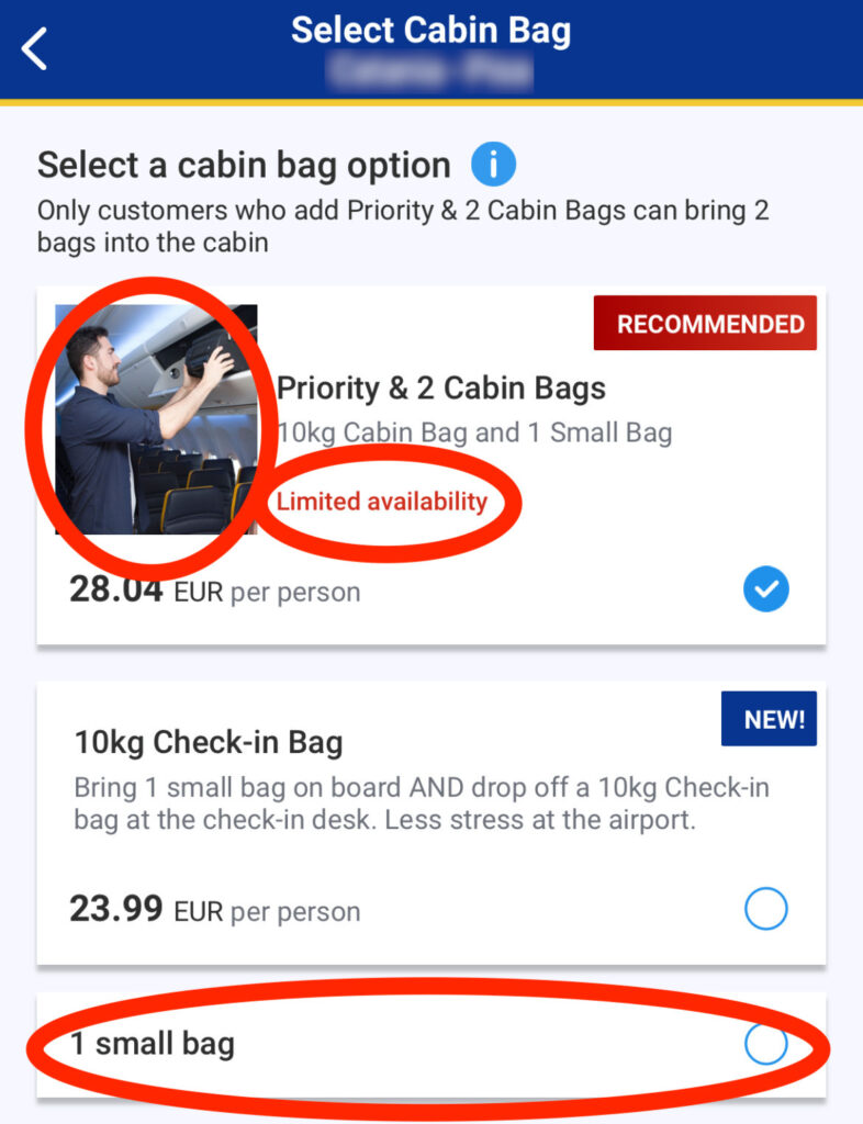 Come risparmiare sui voli - La schermata che cerca di convincerti a comprare il bagaglio a mano