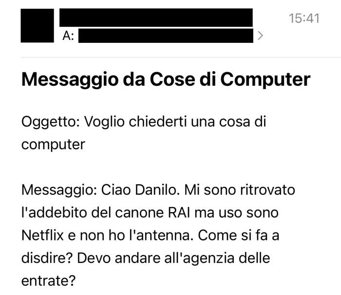 Messaggio in cui mi si chiede come fare a disdire il canone RAI 2023