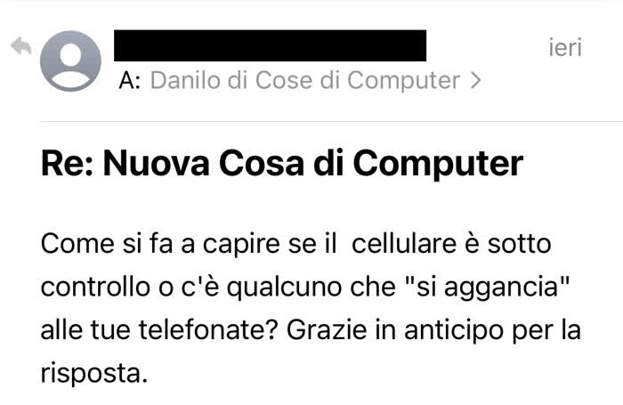 Email in cui mi si chiede come capire se un cellulare è sotto controllo