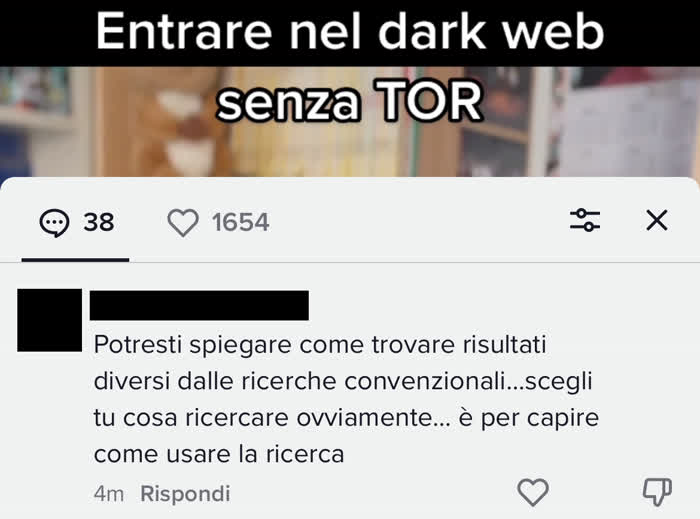 Commento in cui mi si chiede come cercare informazioni sul dark web