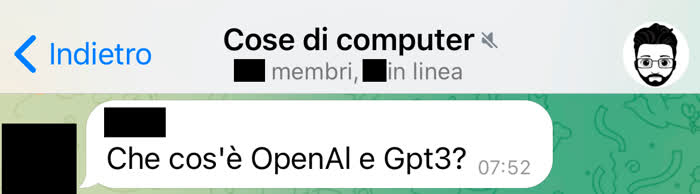 Messaggio Telegram in cui mi si chiede cos'è ChatGPT