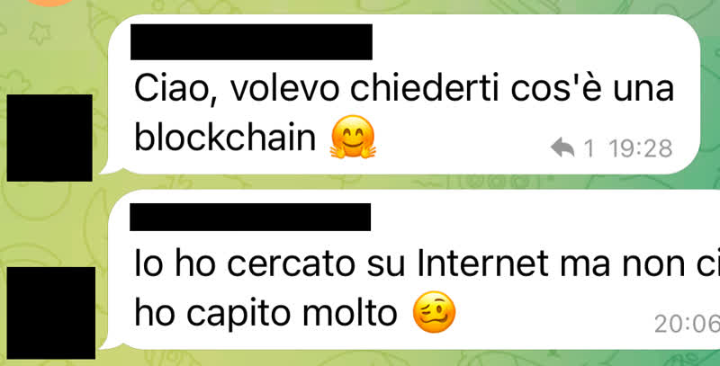 Messaggio in cui mi si chiede che vuol dire blockchain