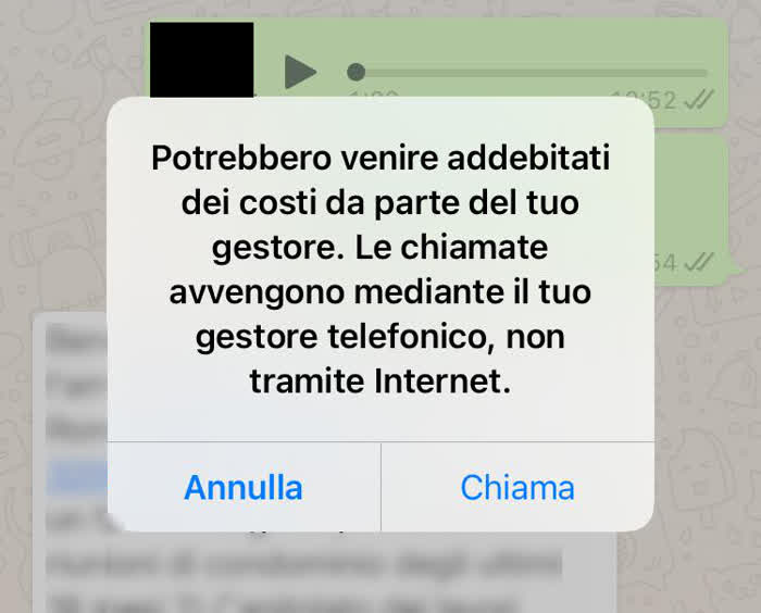 Messaggio che avvisa di un possibile addebito di costi aggiuntivi per le chiamate tramite WhatsApp