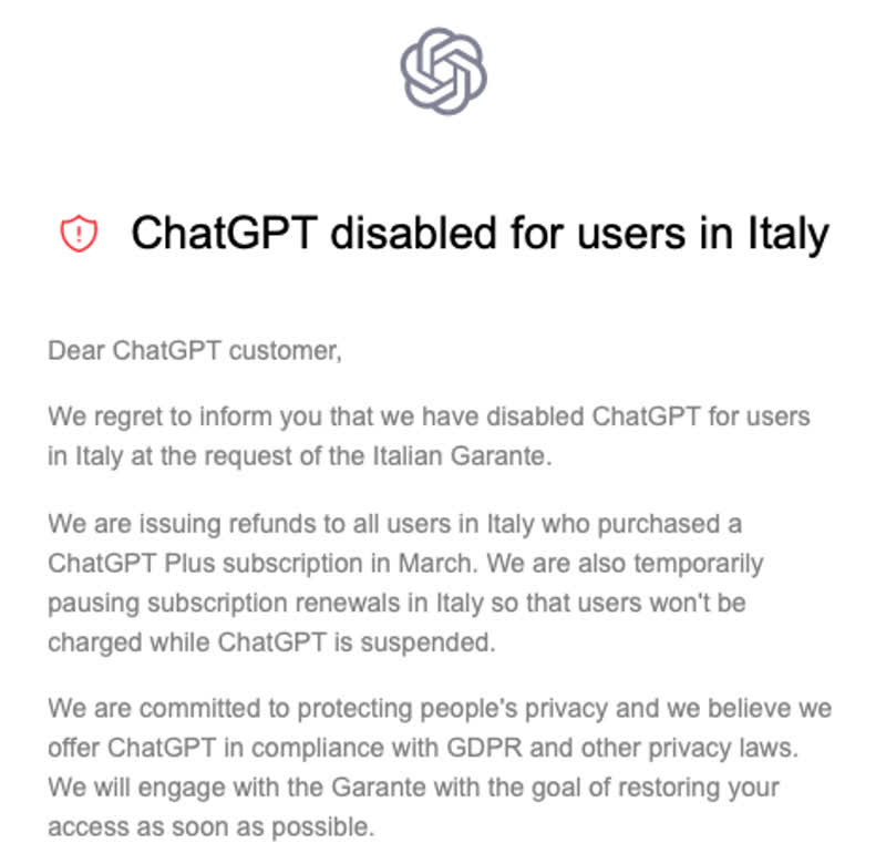 Collegarsi a ChatGPT dall'Italia: messaggio che avvisa del blocco della connessione