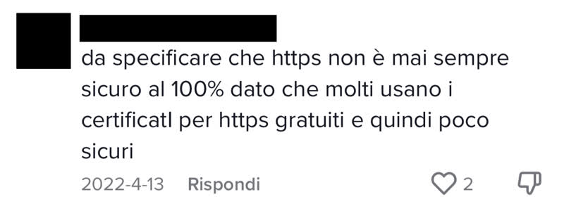 Come funziona https - Commento in cui si afferma che i certificati https gratuiti sono poco sicuri