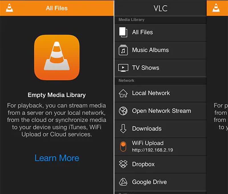 Come mettere musica su iPhone - Schermata di VLC, che consente la creazione di playlist di brani caricati dal computer