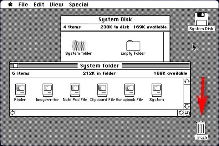 Come svuotare il cestino - Una schermata di macOS del 1984