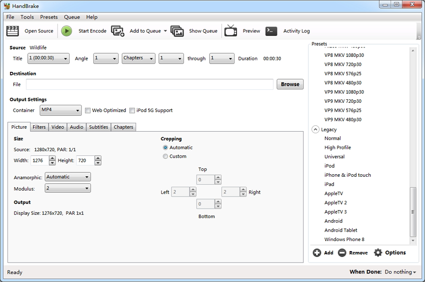 Schermata di Handbrake, un programma per convertire DVD in mp4
