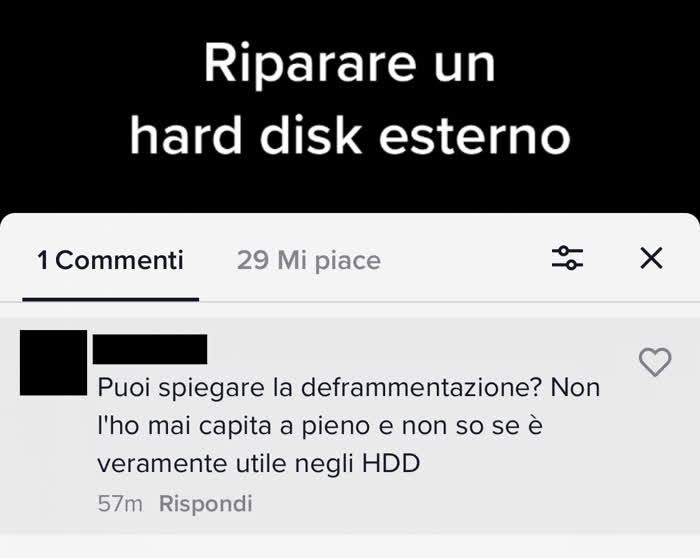 Commento in cui mi si chiede cos'è la deframmentazione