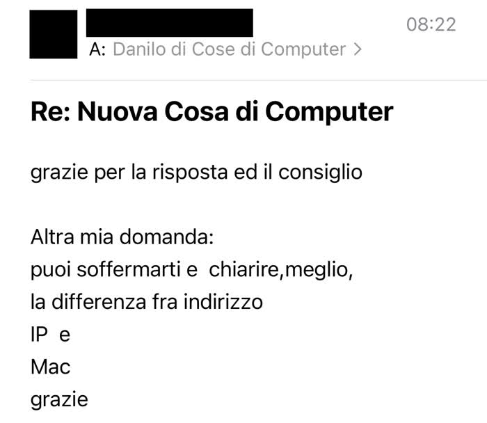 Mail in cui mi si chiede cosa sono gli indirizzi Mac