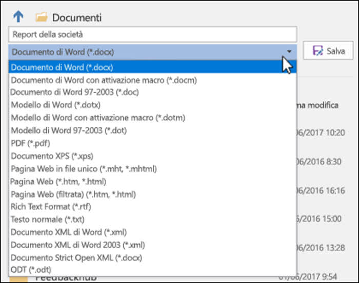 Cosa sono i formati dei file - Schermata di Microsoft Word che chiede di selezionare un formato per salvare un file