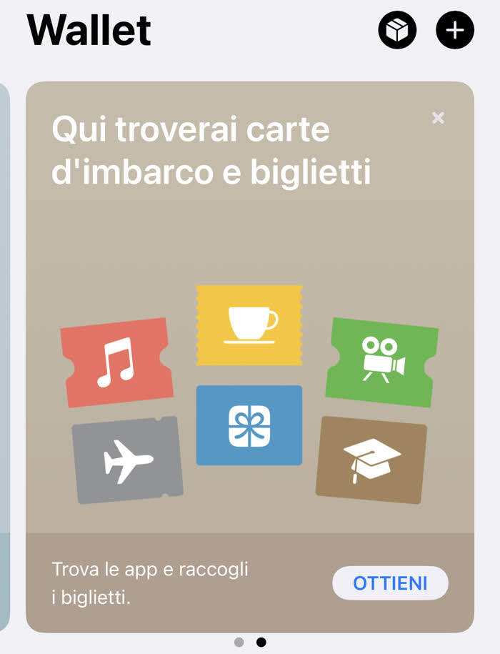 Cosa sono le app wallet - Schermata di Apple Wallet che consente di aggiungere biglietti e carte d'imbarco