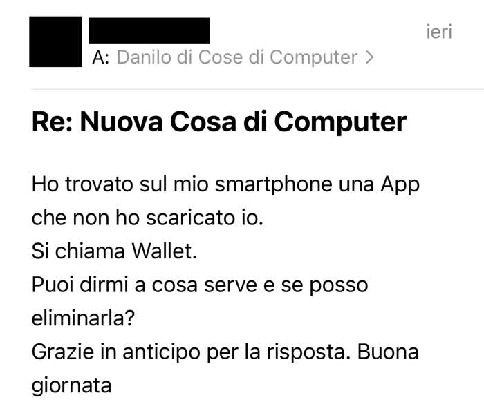 Email in cui mi si chiede cosa sono le app wallet