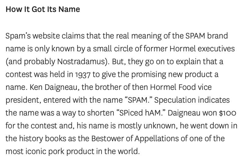 Cosa vuol dire SPAM - Pagina della Hormel Food che spiega l'origine del nome