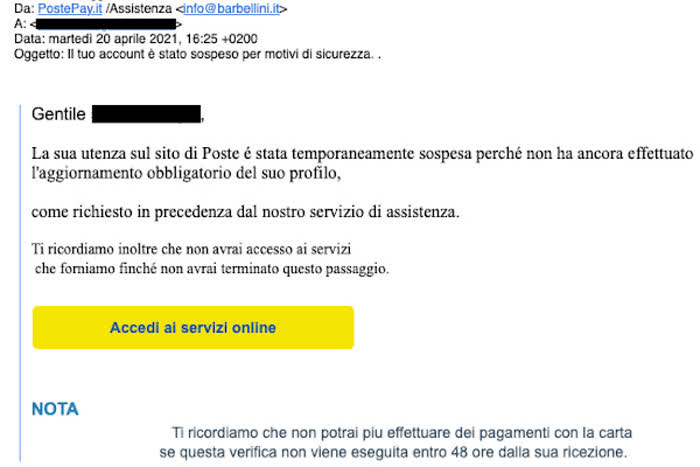 Un esempio di phishing: una finta mail proveniente da Poste Italiane