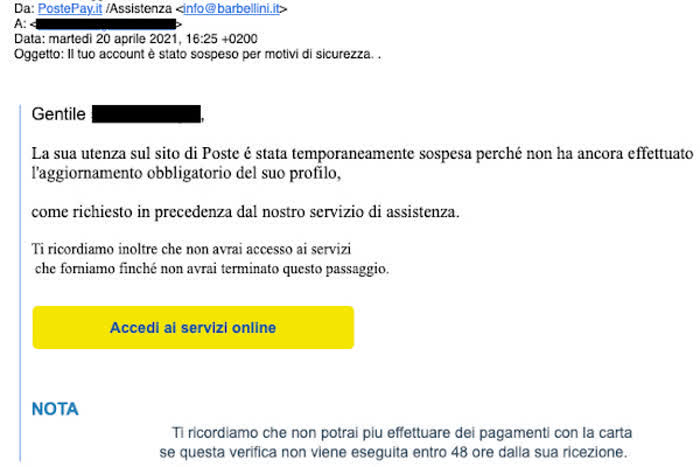Smishing significato: una finta mail proveniente da Poste Italiane