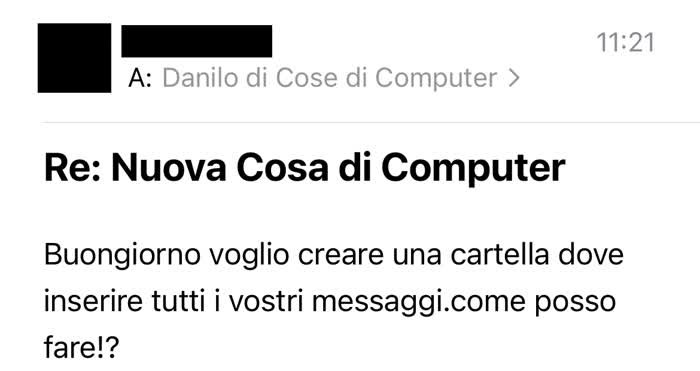 Messaggio in cui mi si chiede come creare una cartella email