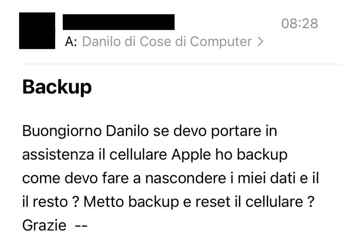 Mail in cui mi si chiede come nascondere i dati del cellulare in assistenza