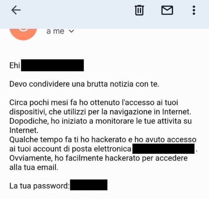 Difendersi dalle password compromesse - Mail di un hacker che ha trovato la password di un account email