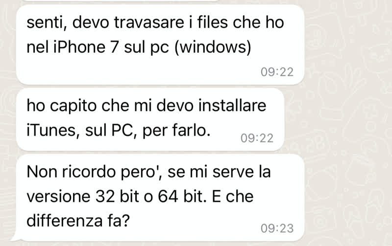 Messaggio in cui mi si chiede la differenza tra 32 bit e 64 bit