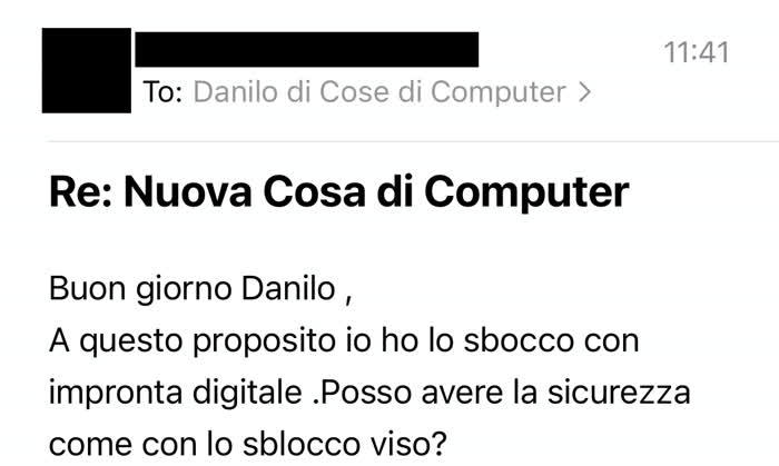 Email in cui mi si chiede la differenza tra Touch ID e Face ID, in termini di sicurezza