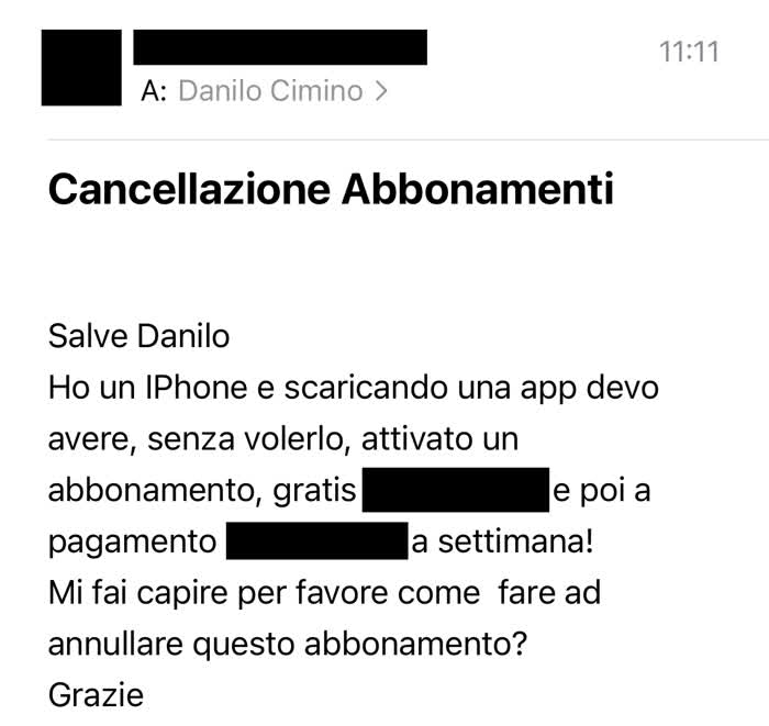 Email in cui mi si chiede come disattivare gli abbonamenti Apple