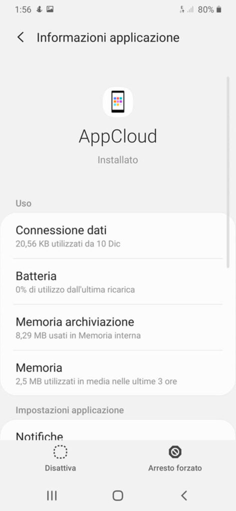 Schermata dell'app impostazioni di Android dal quale si può disinstallare Appcloud