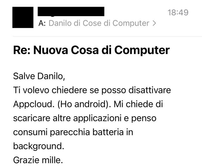 Email in cui mi si chiede come disinstallare Appcloud