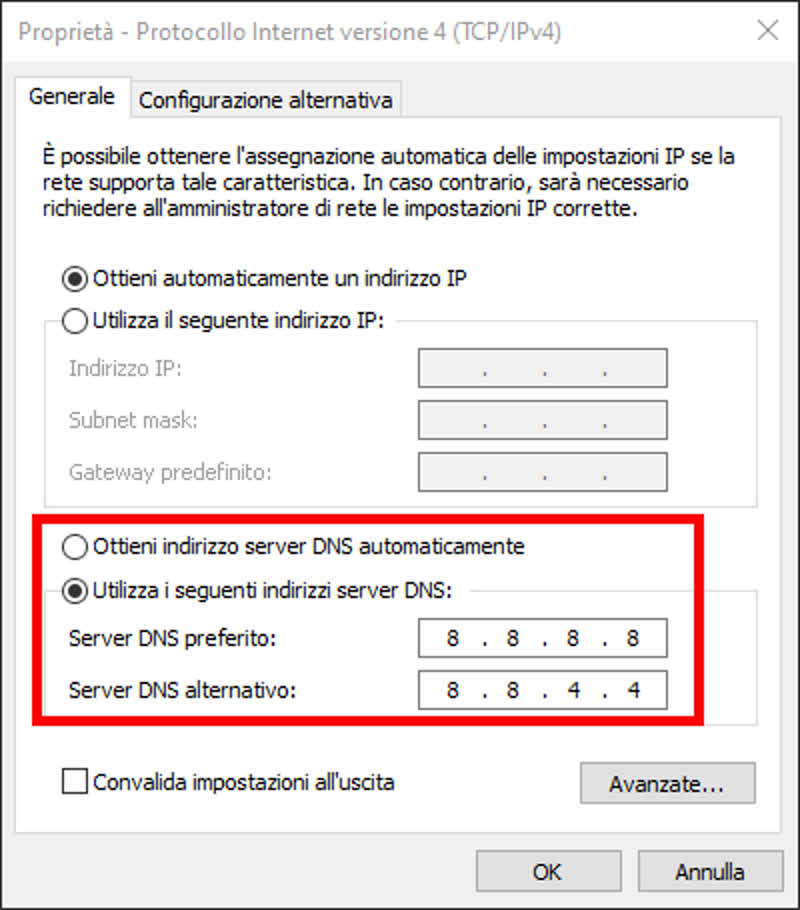 I DNS Google nella schermata di configurazione di Windows