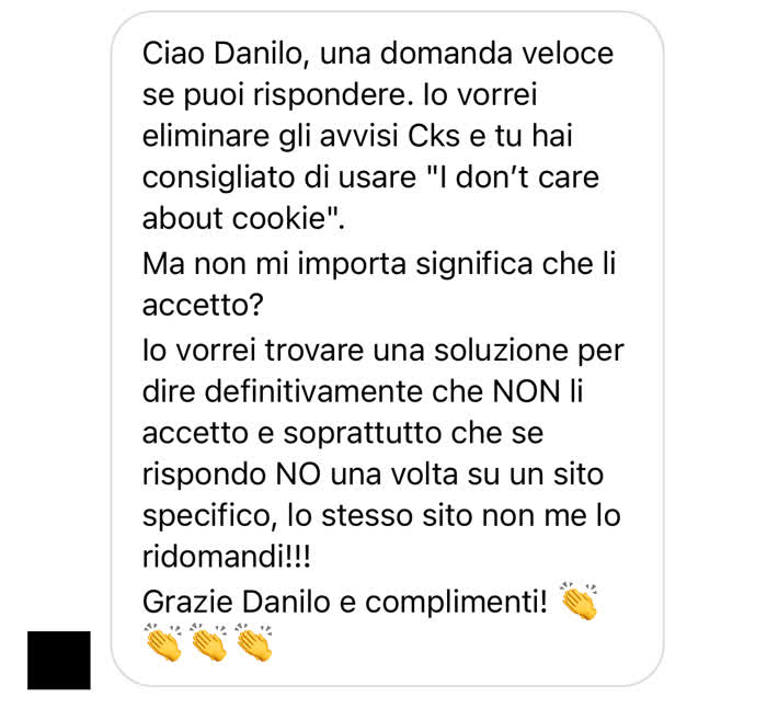 Messaggio in cui mi si chiede come eliminare i banner dei cookie