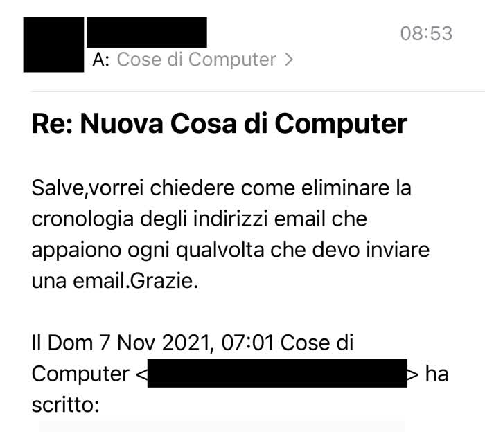 Messaggio in cui mi si chiede come cancellare gli indirizzi email