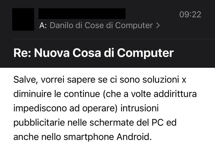 Messaggio in cui mi si chiede come eliminare la pubblicità da PC e cellulare