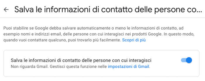 Schermata delle impostazioni dell'account Google in cui si possono eliminare le email suggerite da Google