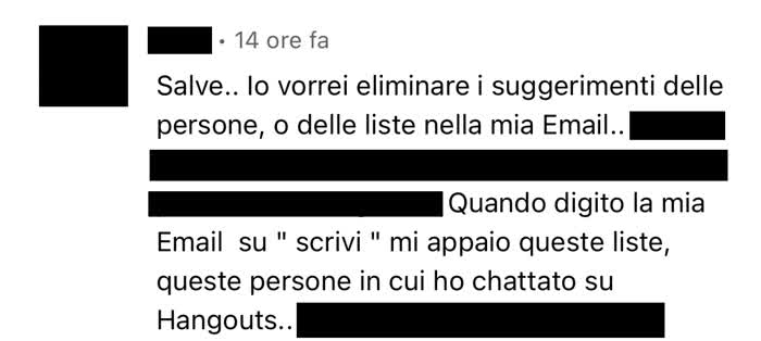 Commento in cui mi si chiede come eliminare le email suggerite da Google