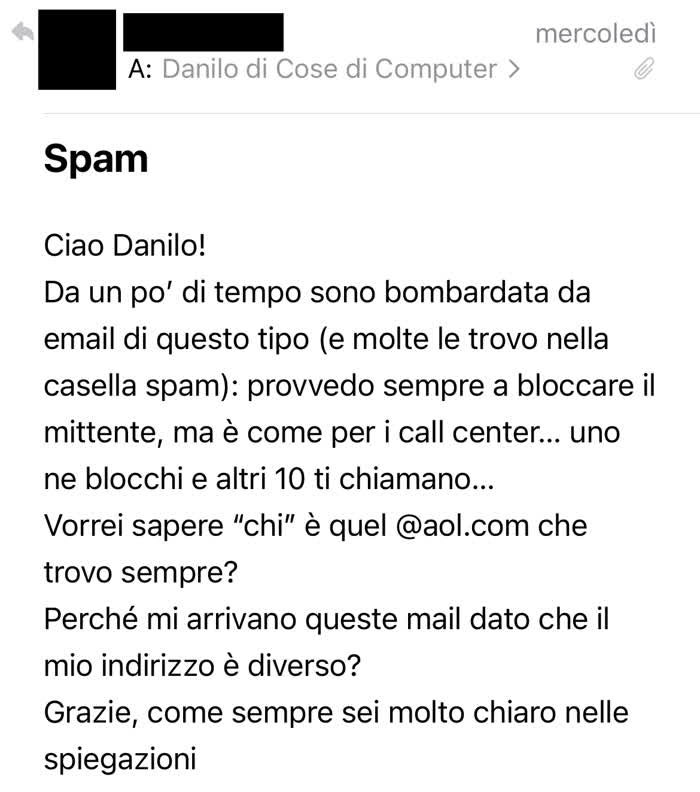 Messaggio in cui mi si chiede come eliminare lo spam in modo definitivo